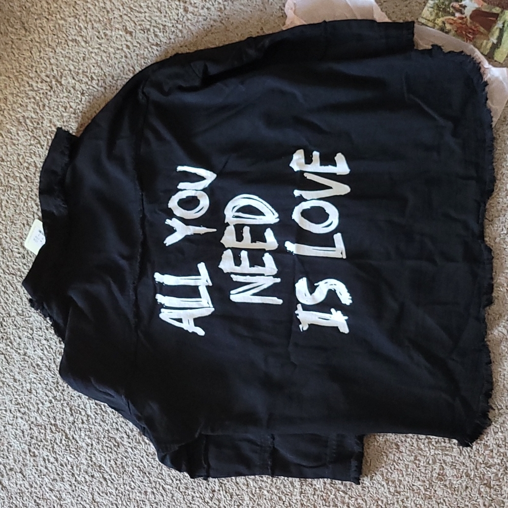 "ALL YOU NEED IS LOVE" frayed shacket- black, medium